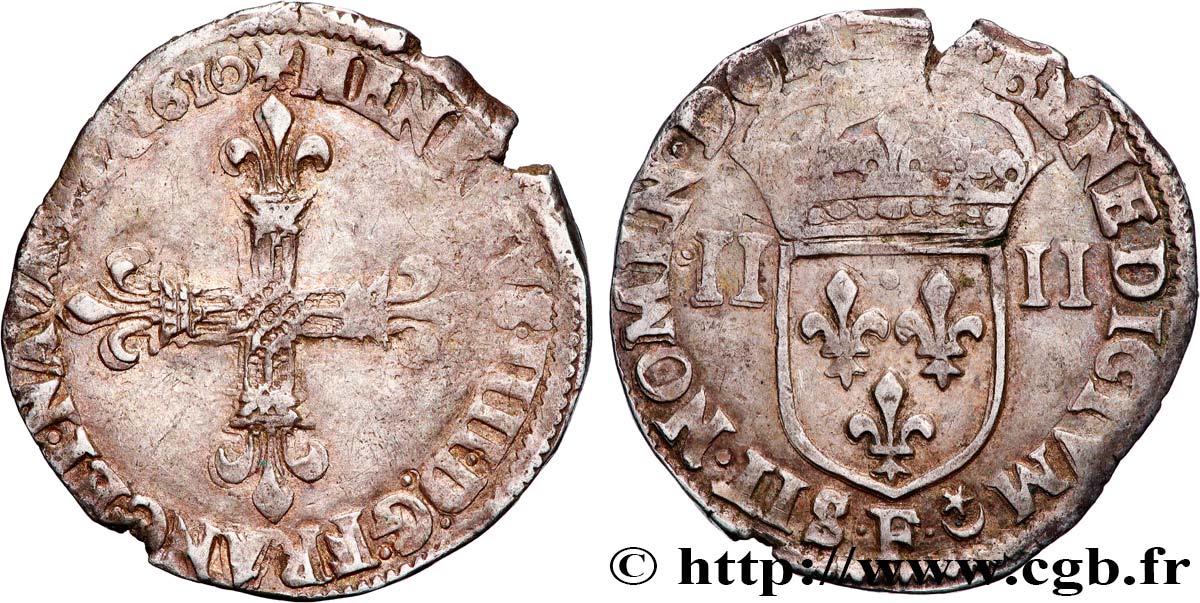 HENRY IV Quart d écu, croix bâtonnée et fleurdelisée de face 1610 Angers VF