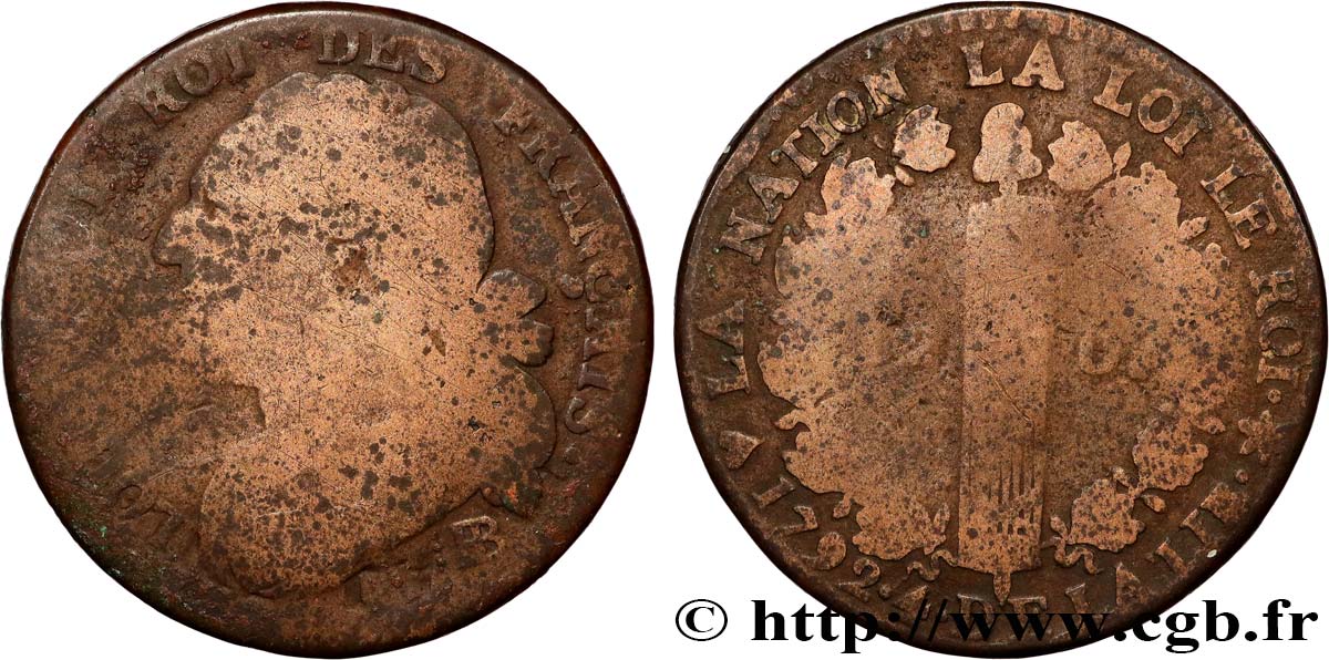 LOUIS XVI (MONARQUE CONSTITUTIONNEL) 12 deniers dit au faisceau , type FRANÇAIS 1792 Strasbourg TB