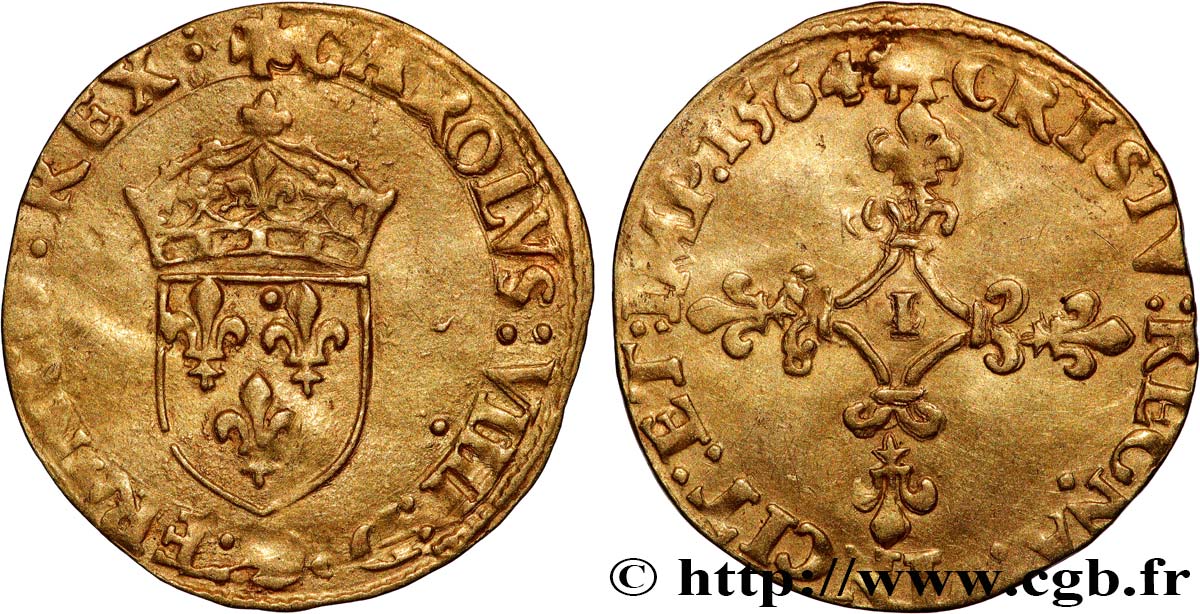 CHARLES IX Écu d or au soleil, 1er type 1564 Limoges SS/fSS