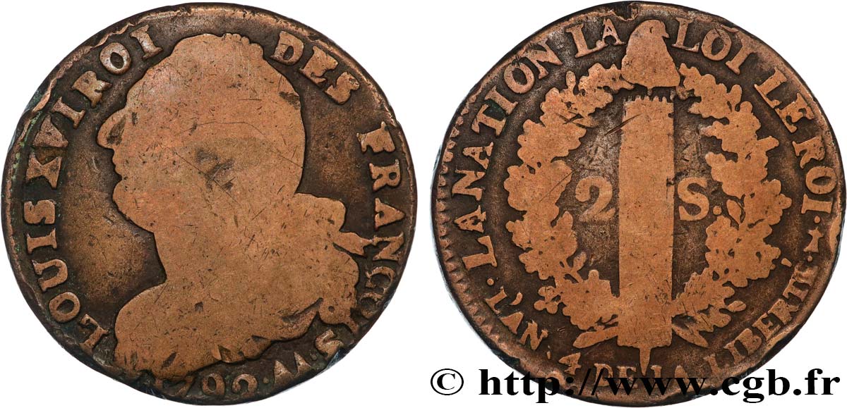 LOUIS XVI (MONARQUE CONSTITUTIONNEL) 2 sols dit au faisceau , type FRANÇOIS 1792 Metz TB