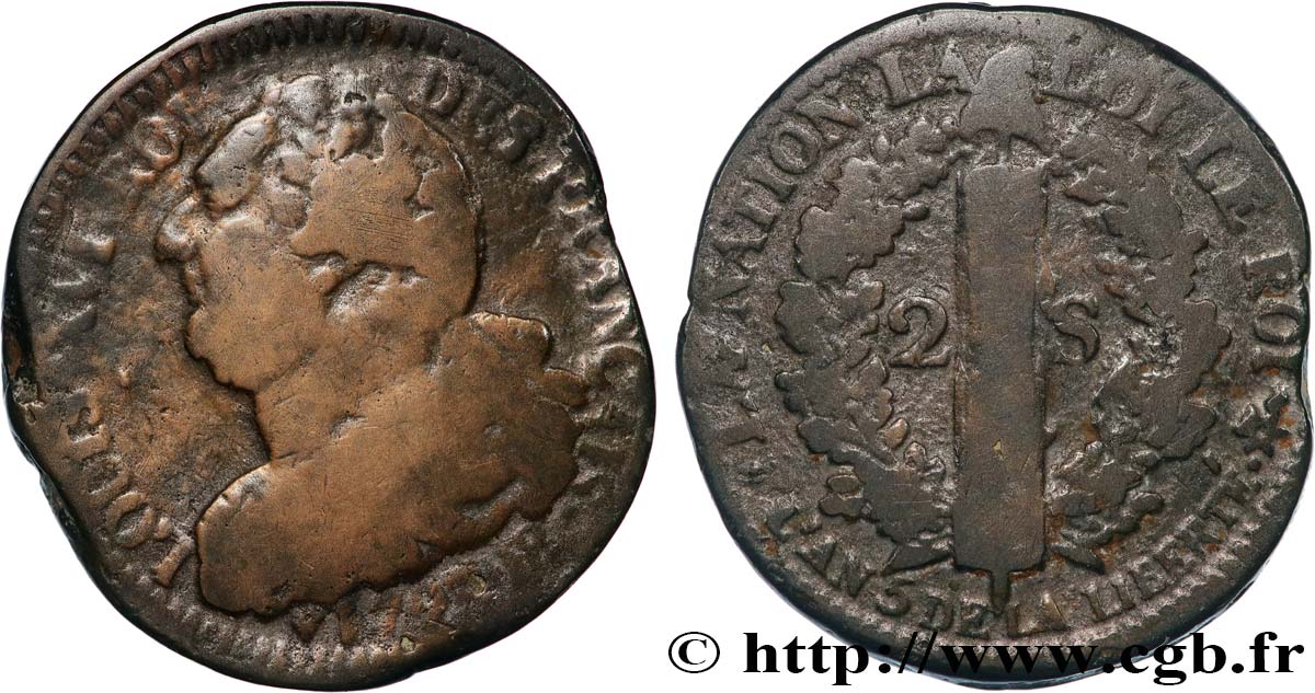 LOUIS XVI (MONARQUE CONSTITUTIONNEL) 2 sols dit au faisceau , type FRANÇAIS 1792 Strasbourg TB