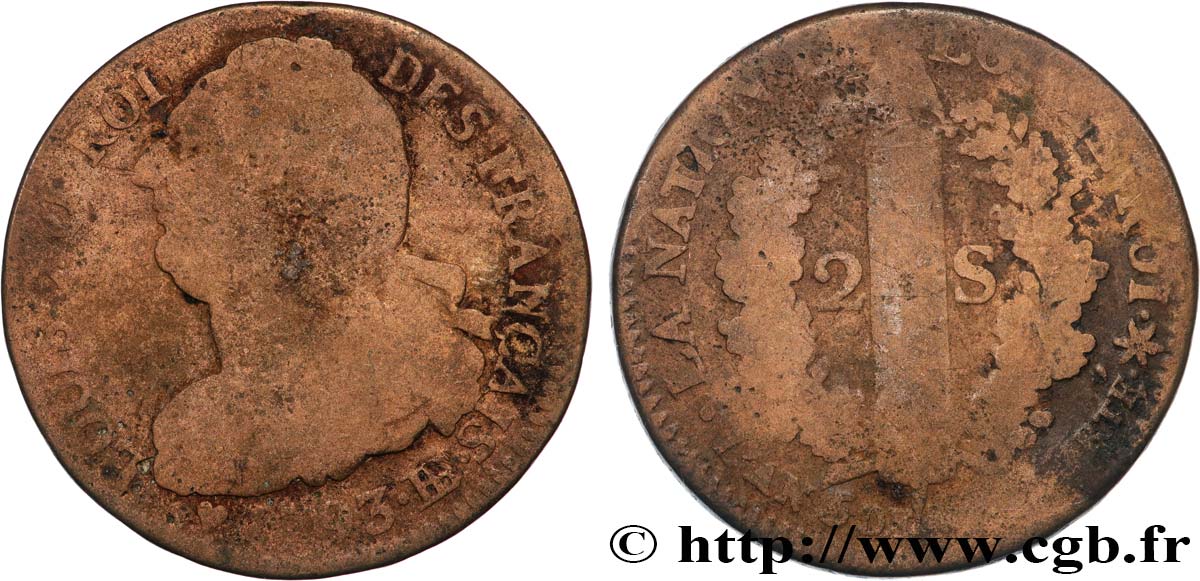 LOUIS XVI 2 sols dit au faisceau , type FRANÇAIS 1793 Strasbourg q.MB