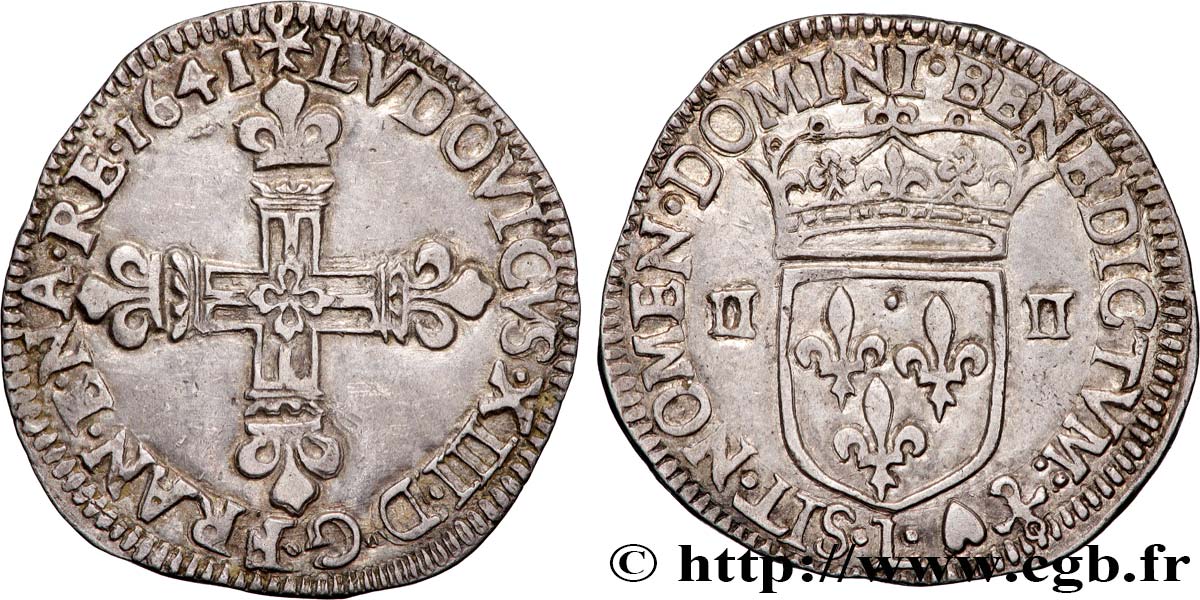 LOUIS XIII  Quart d écu, à la croix fleurdelisée, titulature côté croix 1641 Bayonne EBC/MBC+