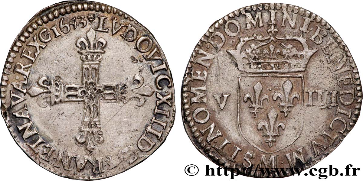 LOUIS XIII  Huitième d écu, à la croix fleurdelisée, titulature côté croix 1643 Toulouse SS