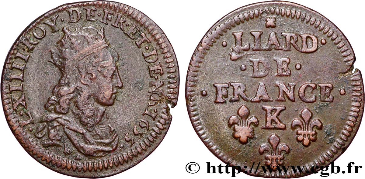 LOUIS XIV  THE SUN KING  Liard de cuivre 1655 Bordeaux q.SPL