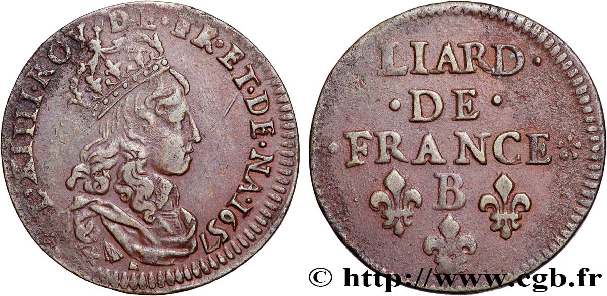 LOUIS XIV  THE SUN KING  Liard, 2e type 1657 Acquigny VZ/fVZ