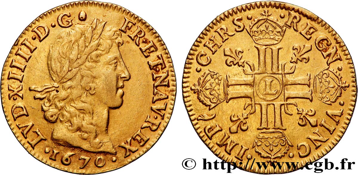 LOUIS XIV  THE SUN KING  Louis d or aux huit L, portrait apollinien 1670 Bayonne MBC+/EBC