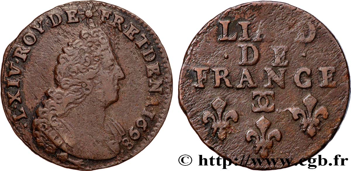 LOUIS XIV  THE SUN KING  Liard, 3e type, buste âgé 1698 Besançon MBC