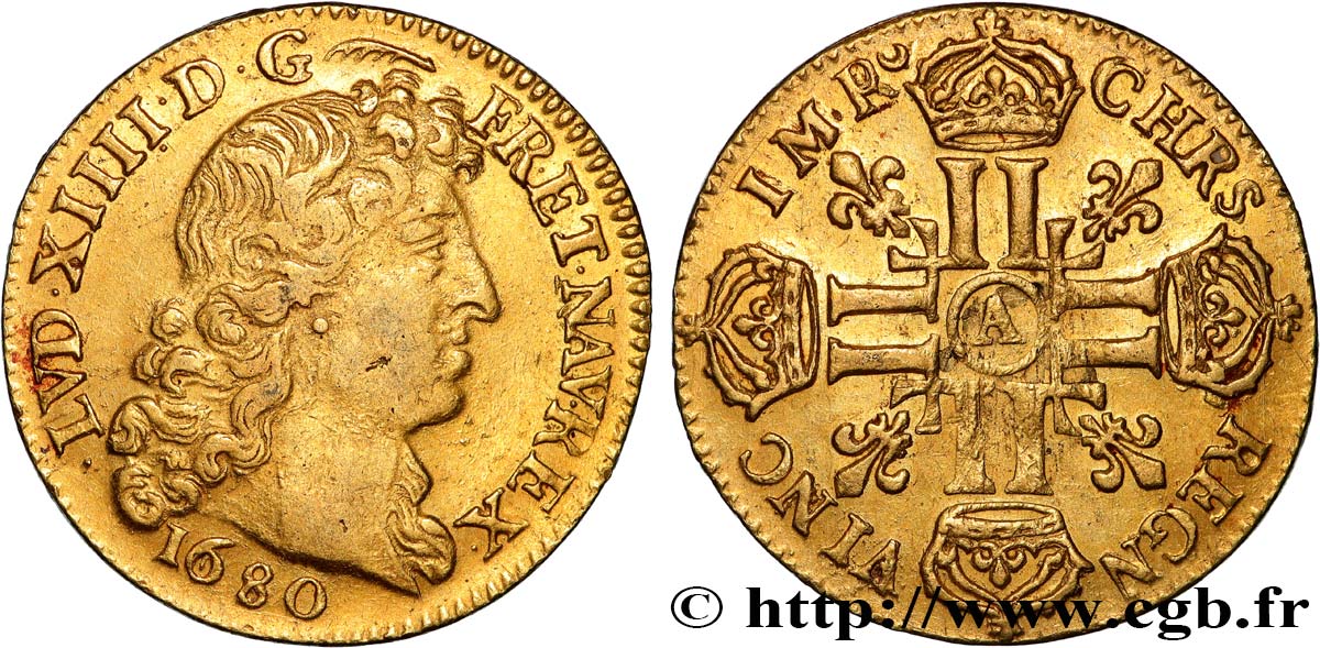 LOUIS XIV  THE SUN KING  Louis d’or aux huit L, portrait à la tête nue 1680 Paris SS/fVZ
