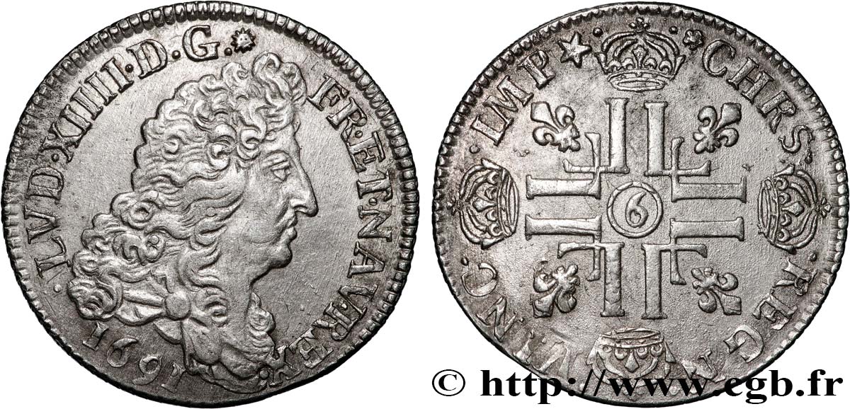 LOUIS XIV  THE SUN KING  Quart d écu aux huit L, 1er type 1691 Rennes AU