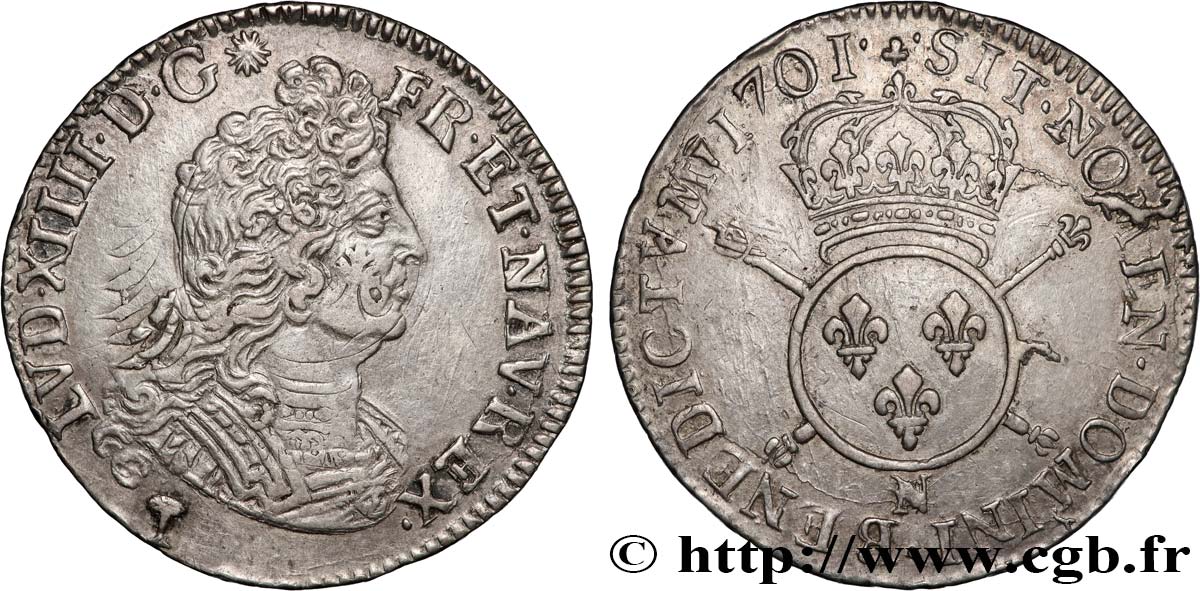 LOUIS XIV  THE SUN KING  Quart d écu aux insignes 1701 Montpellier AU