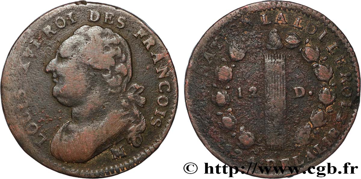 LOUIS XVI (MONARQUE CONSTITUTIONNEL) 12 deniers dit au faisceau , type FRANCOIS 1792 Marseille TB