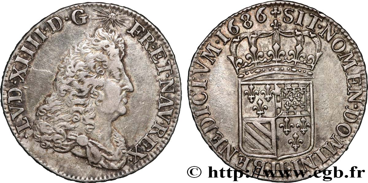 LOUIS XIV  THE SUN KING  Quart d écu de Flandre 1686 Lille AU/AU