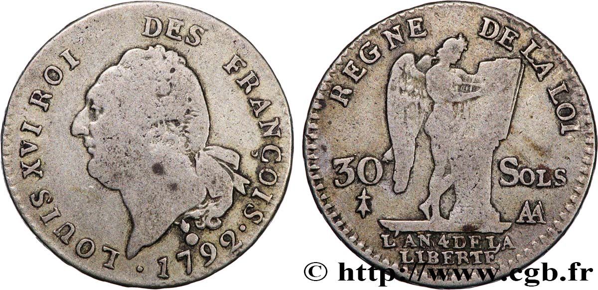 LOUIS XVI 30 sols dit au génie , type FRANÇOIS 1792 Metz VF