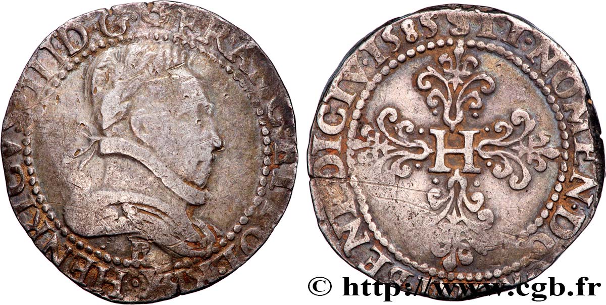 HENRY III Franc au col plat 1585 Rouen BC+/MBC