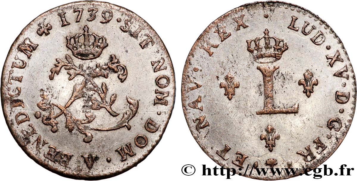 LOUIS XV  THE WELL-BELOVED  Double sol de billon 1739 Troyes EBC