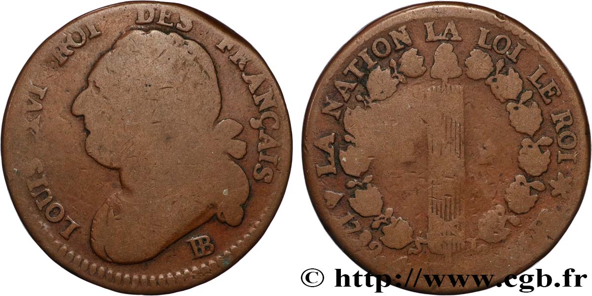 LOUIS XVI (MONARQUE CONSTITUTIONNEL) 12 deniers dit au faisceau , type FRANÇAIS 1792 Strasbourg TB