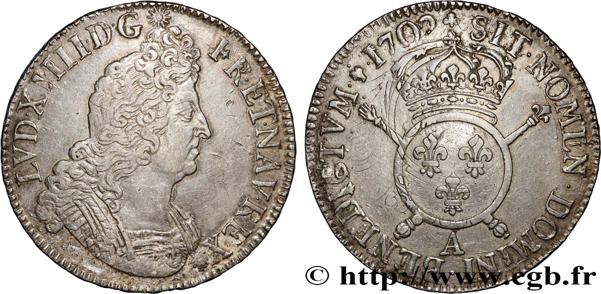 LOUIS XIV  THE SUN KING  Écu aux insignes 1702 Paris AU/AU