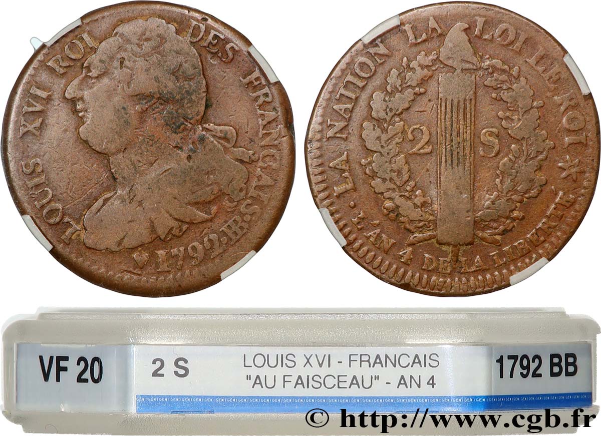 LOUIS XVI 2 sols dit  au faisceau , type FRANÇAIS 1792 Strasbourg S20