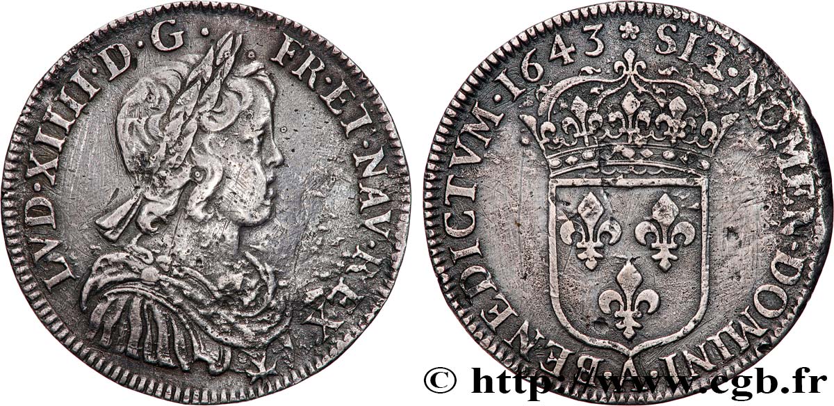 LOUIS XIV LE GRAND OU LE ROI SOLEIL Demi-écu, portrait à la mèche courte 1643 Paris, Monnaie de Matignon TB+