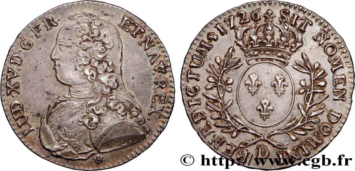 LOUIS XV  THE WELL-BELOVED  Demi-écu aux branches d olivier, buste habillé 1726 Lyon q.SPL