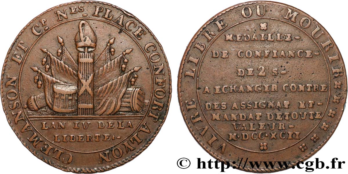 REVOLUTION COINAGE / CONFIANCE (MONNAIES DE…) 2 sols de Clémanson au faisceau 1792 Lyon XF