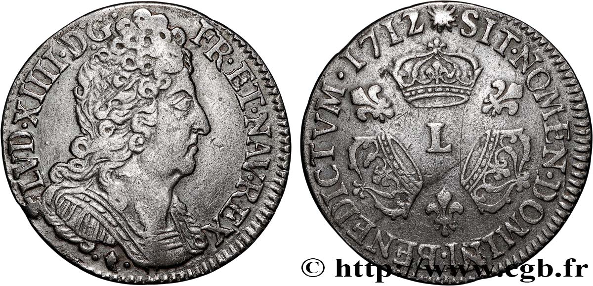 LOUIS XIV  THE SUN KING  Dixième d écu aux trois couronnes 1712 Bayonne AU/XF