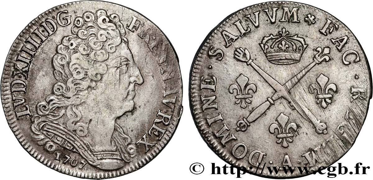 LOUIS XIV  THE SUN KING  20 sols aux insignes 1707 Paris XF/AU