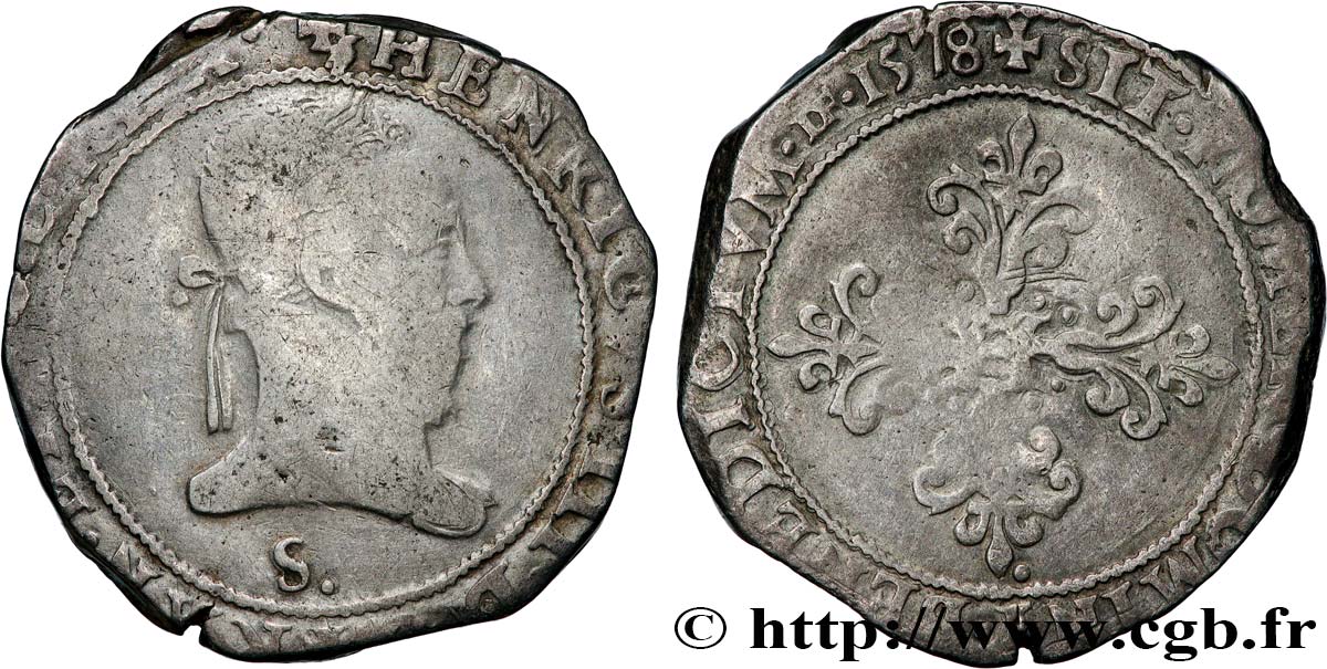 HENRI III Franc au col plat 1578 Troyes TB