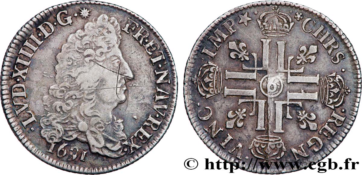 LOUIS XIV  THE SUN KING  Quart d écu aux huit L, 1er type 1691 Rennes XF