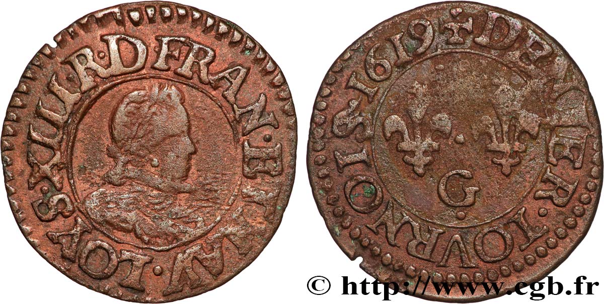 LOUIS XIII  Denier tournois, type 1 de Poitiers, buste A 1619 Poitiers fSS/SS