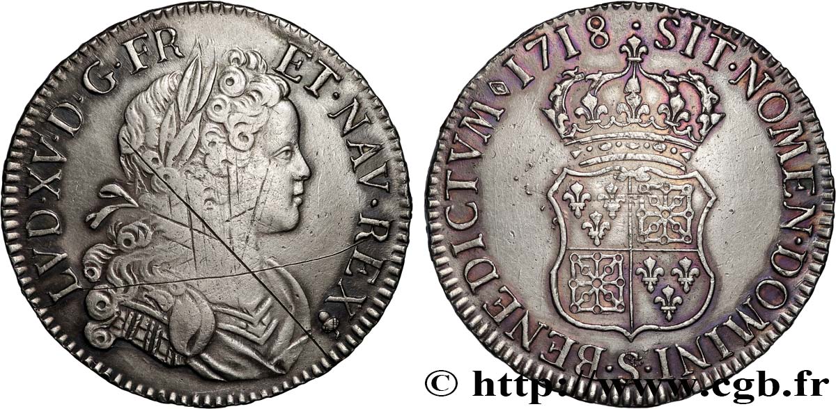 LOUIS XV THE BELOVED Écu à l’écu écartelé de France et de Navarre 1718 Reims XF/AU