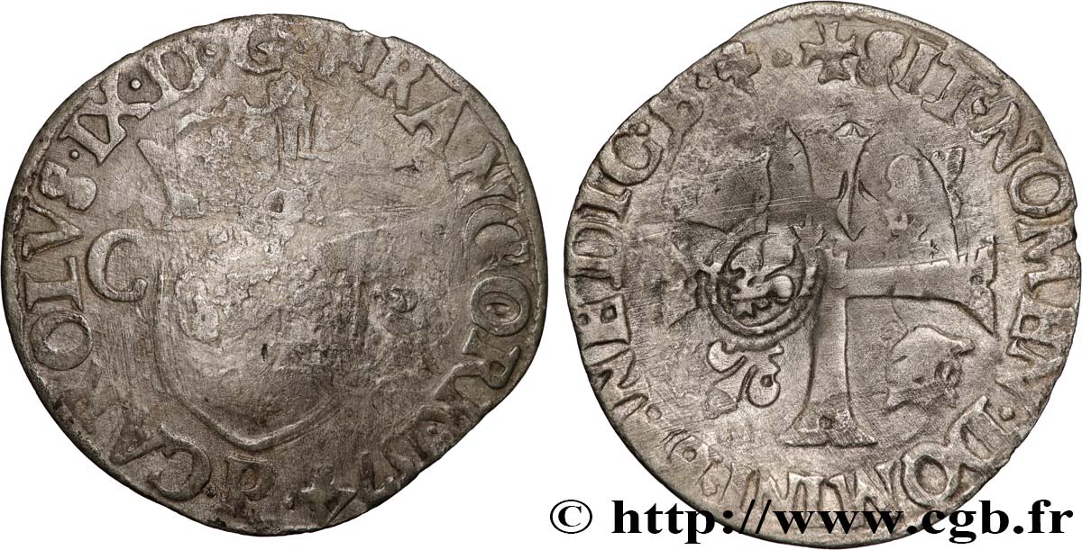 CHARLES IX Douzain aux deux H, 1er type, contremarqué en quinzain sous Louis XIII 1574 Dijon VF