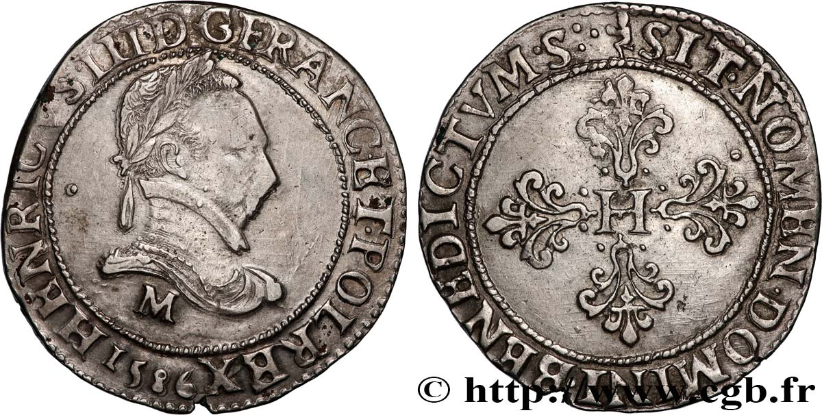 HENRY III Franc au col plat 1586 Toulouse XF/AU