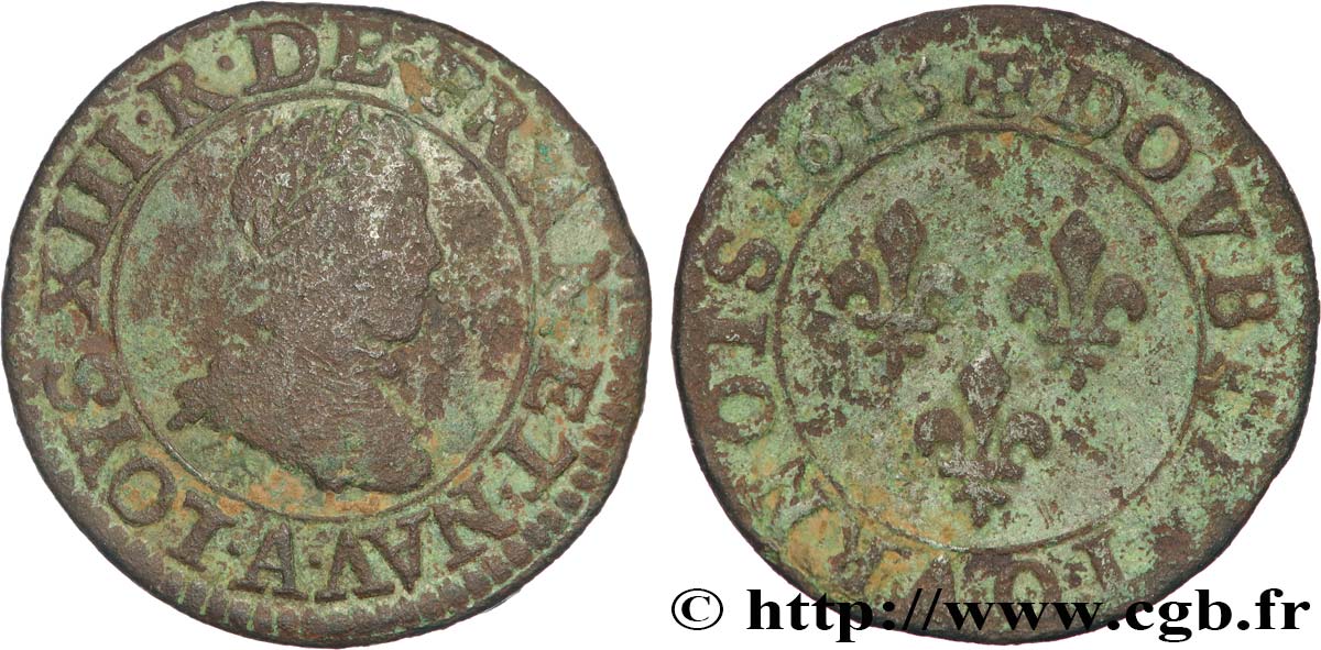 LOUIS XIII LE JUSTE Double tournois, type 1 1615 Paris, Moulin du Louvre TB+