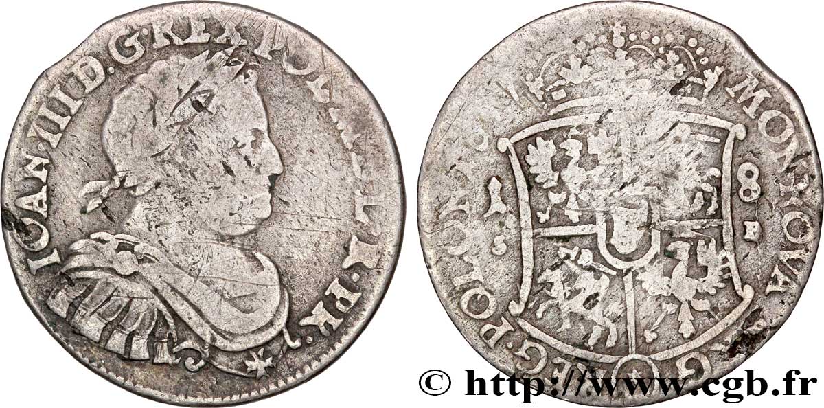 POLOGNE - ROYAUME DE POLOGNE - JEAN III SOBIESKI Quart de thaler ou 18 grozy 1677 Cracovie BC