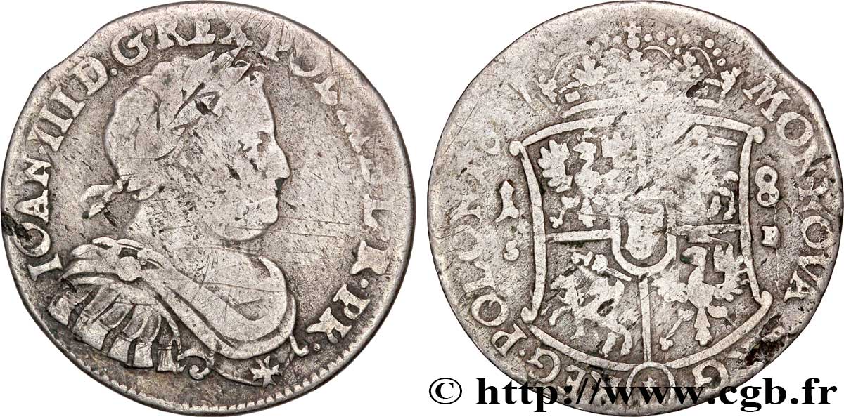 POLOGNE - ROYAUME DE POLOGNE - JEAN III SOBIESKI Quart de thaler ou 18 grozy 1677 Cracovie TB