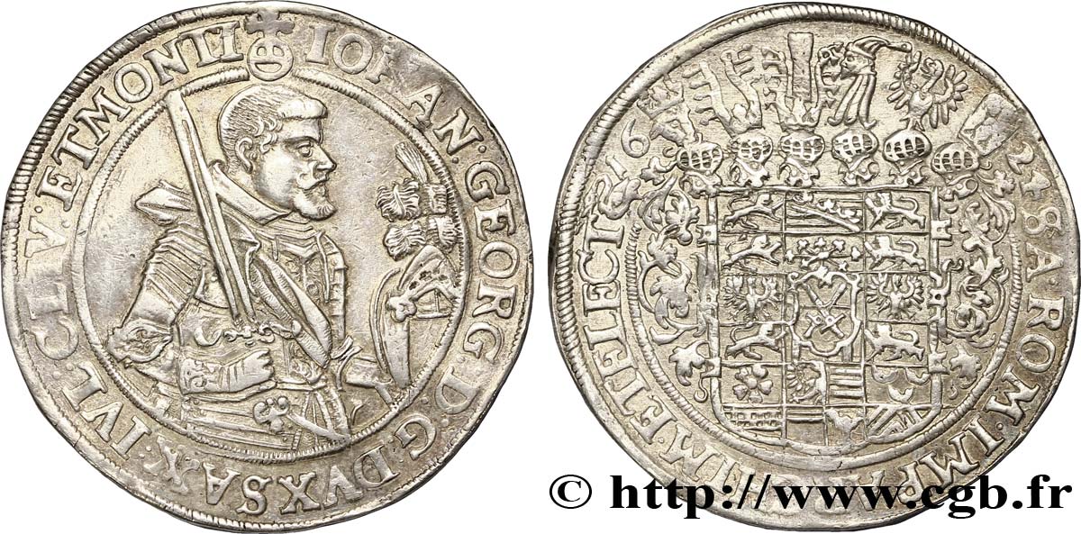 GERMANY - SAXONY 1 Thaler Duché de Saxe, Jean-Georges Ier en armure / écu aux heaumes 1624  XF