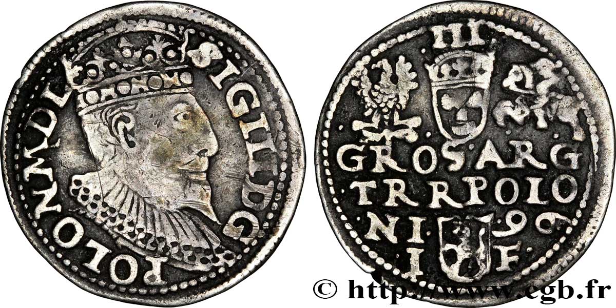 POLOGNE - ROYAUME DE POLOGNE - SIGISMOND III VASA Trois groschen ou trojak koronny 1596 Cracovie TB+
