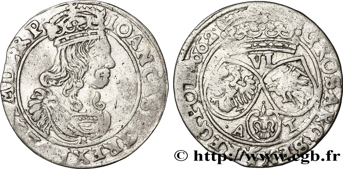 POLOGNE - ROYAUME DE POLOGNE - JEAN II CASIMIR Six groschen ou szostak koronny 1662 Cracovie TTB