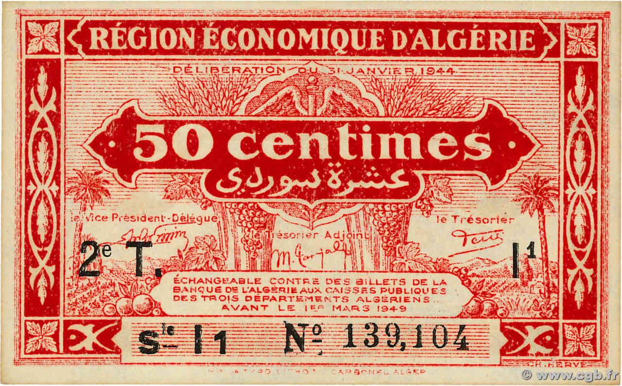 50 Centimes ARGELIA  1944 P.100 FDC