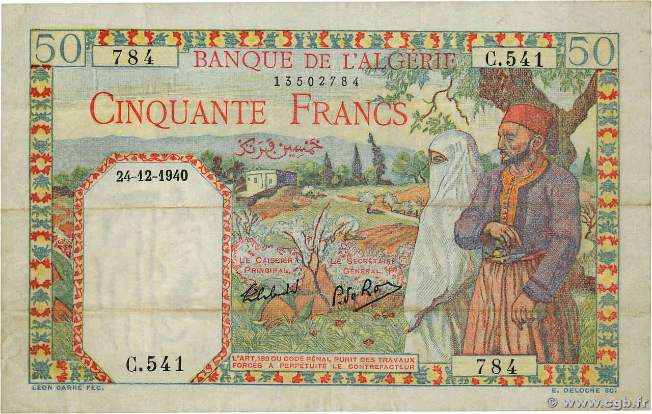 50 Francs ALGERIA  1940 P.084 VF