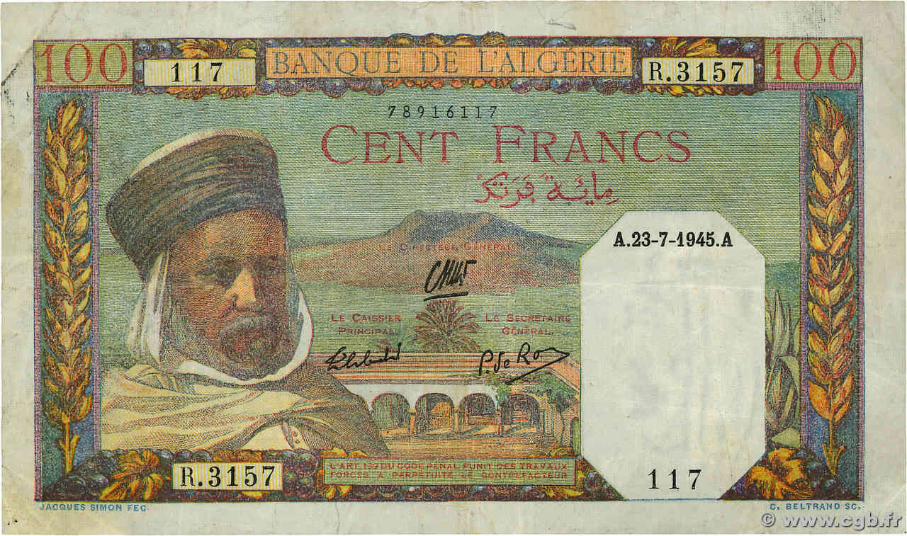 100 Francs ALGERIA  1945 P.085 BB