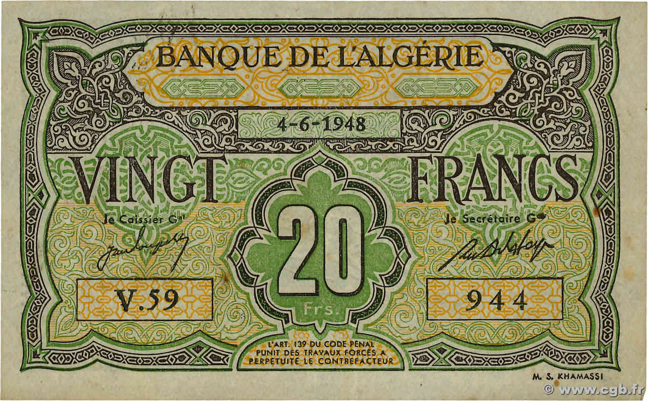 20 Francs ARGELIA  1948 P.103 BC+