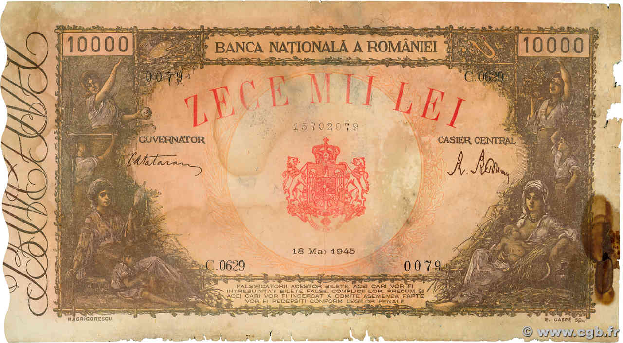 10000 Lei ROUMANIE  1945 P.057a B+