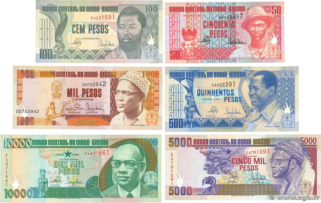 50 au 10000 Pesos Lot GUINÉE BISSAU  1990 P.10 au P.15 pr.NEUF