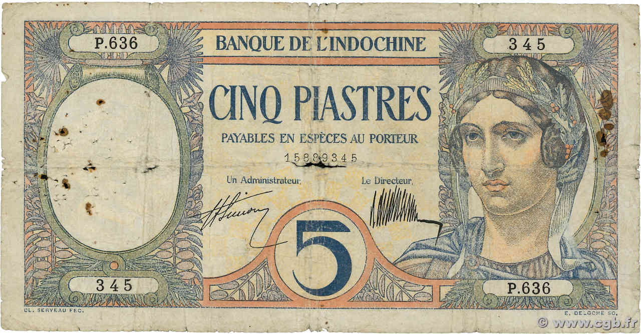5 Piastres INDOCHINA  1927 P.049b RC