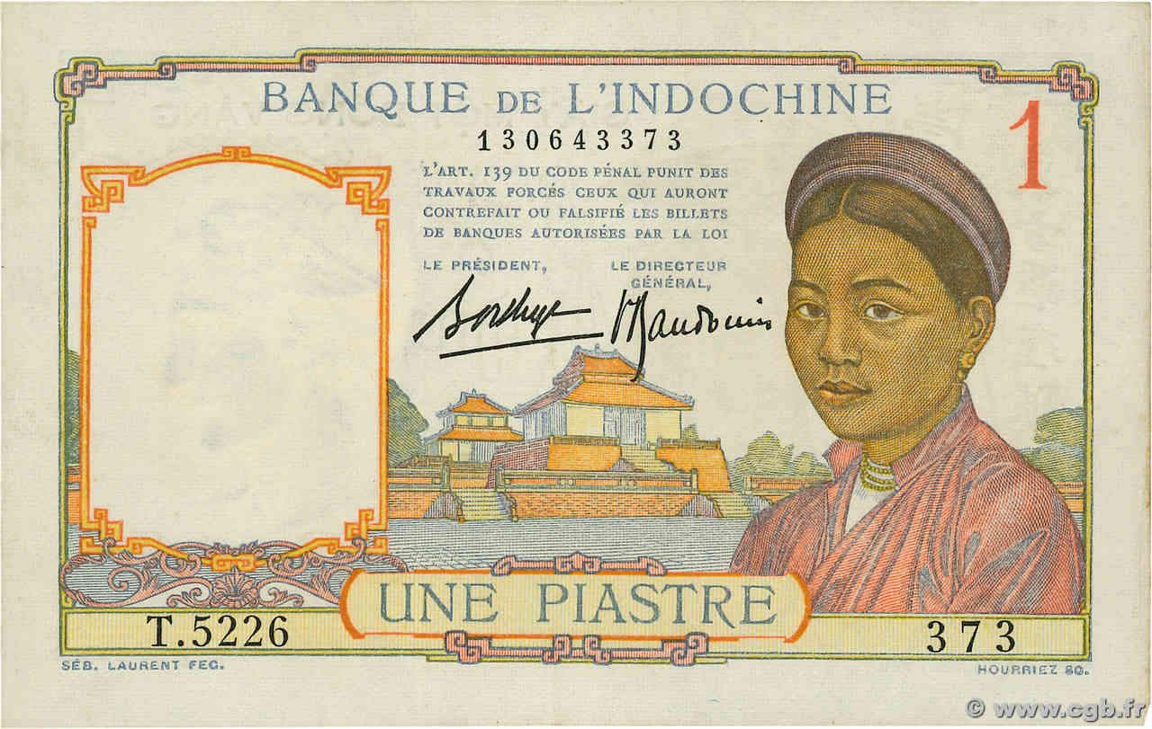 1 Piastre FRANZÖSISCHE-INDOCHINA  1936 P.054b fST