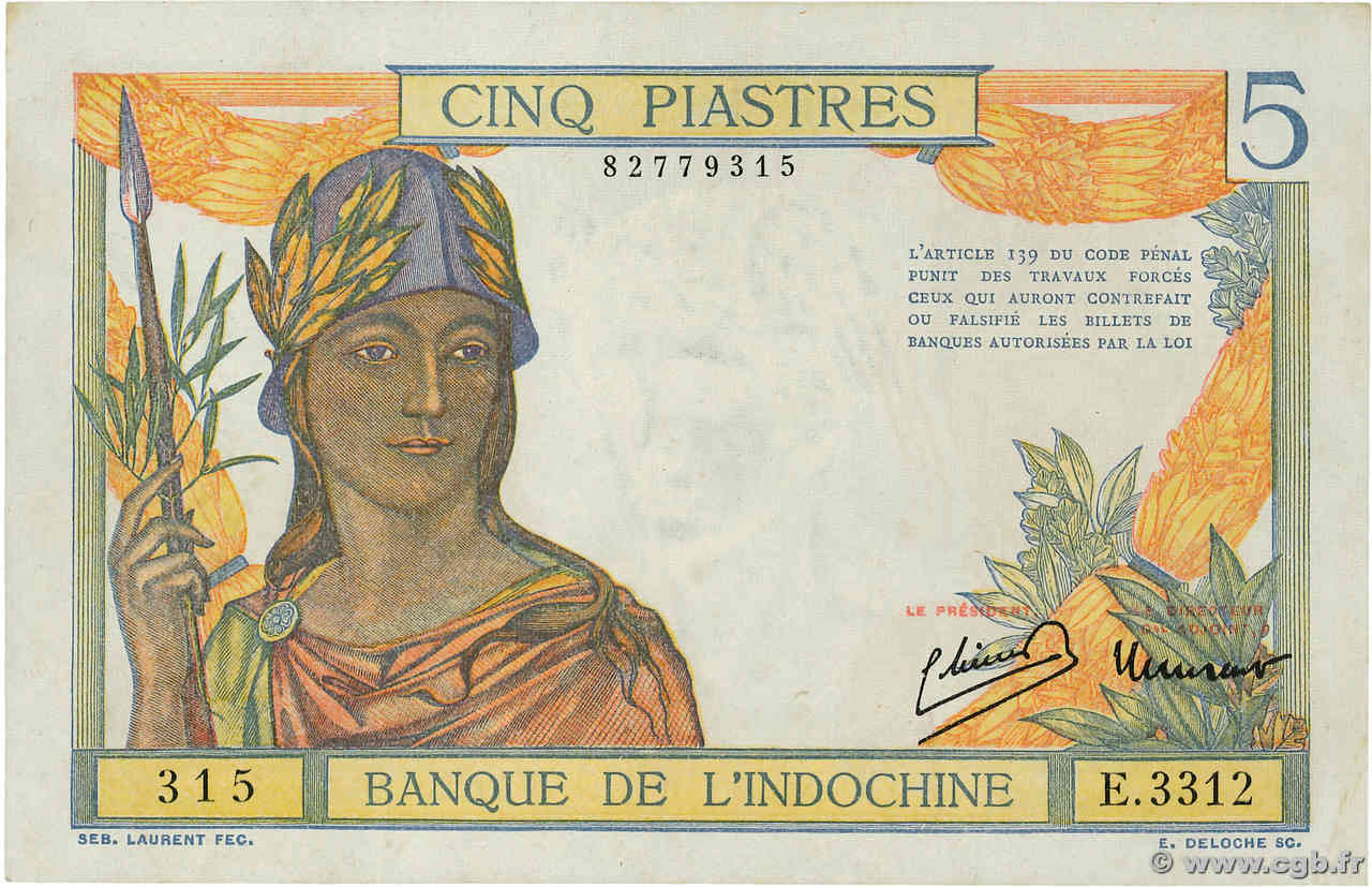 5 Piastres INDOCINA FRANCESE  1946 P.055c SPL