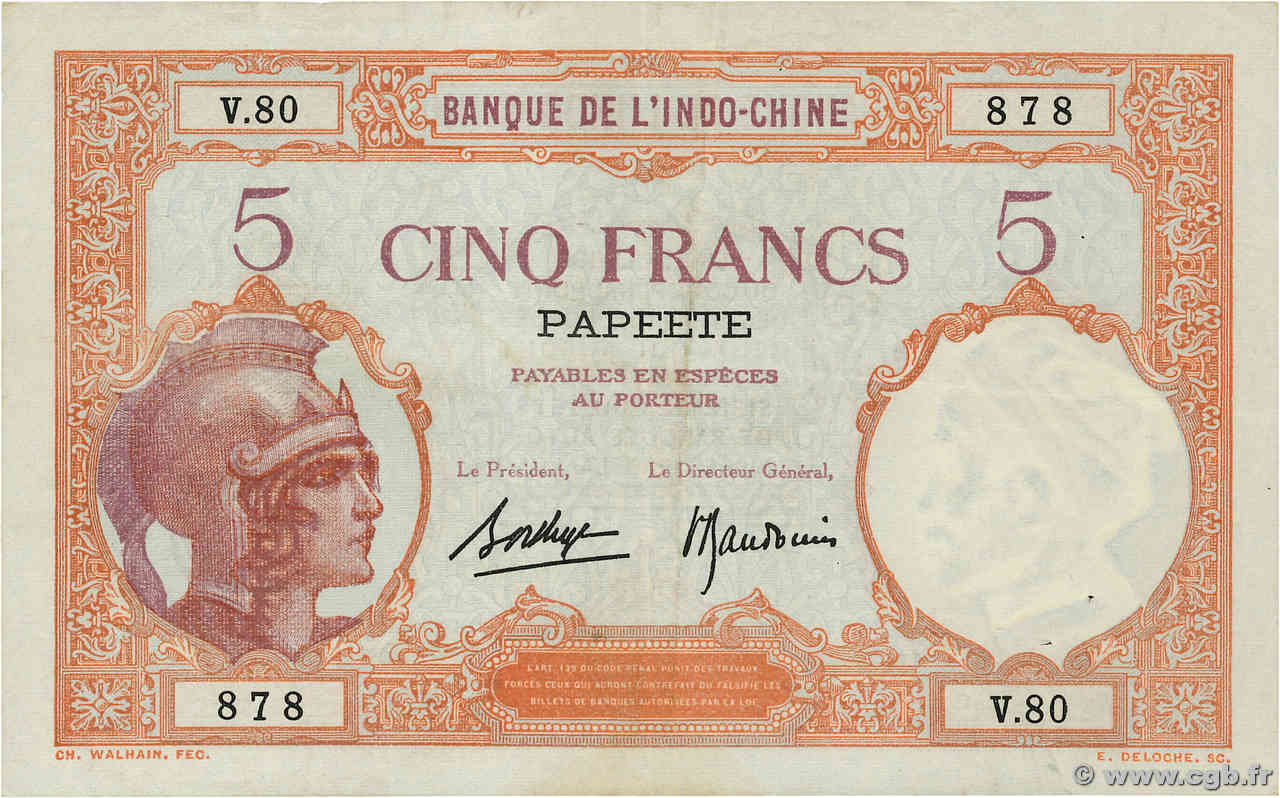5 Francs TAHITI  1930 P.11c TTB